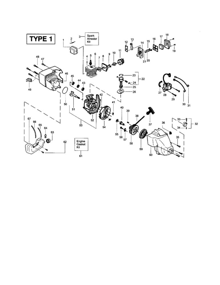 Crankcase/Crankshaft/Cylinder Diagram and Parts List for FEATHERLITE PLUS Type 1 Weed Eater Trimmer